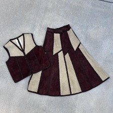 Super unique brown and tan 70s suede vest and skirt set with geometric patchwork