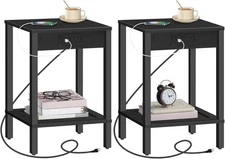 HOOBRO Side Table with Charging Station Set of 2 End Tables Nightstand Black
