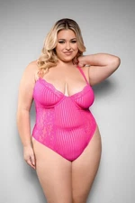 Fantasy Lingerie Juliette Lace Striped Mesh Crotchless Teddy Neon Pink Queen