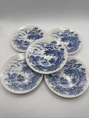 Enoch Wedgwood Countryside Breat Plate Set Blue White Vtg England Transferware