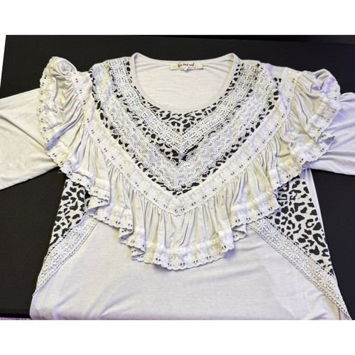 Three Bird Nest M Gray Leopard Lace Ruffle Tunic Boho Tiered Short Sleeve Top