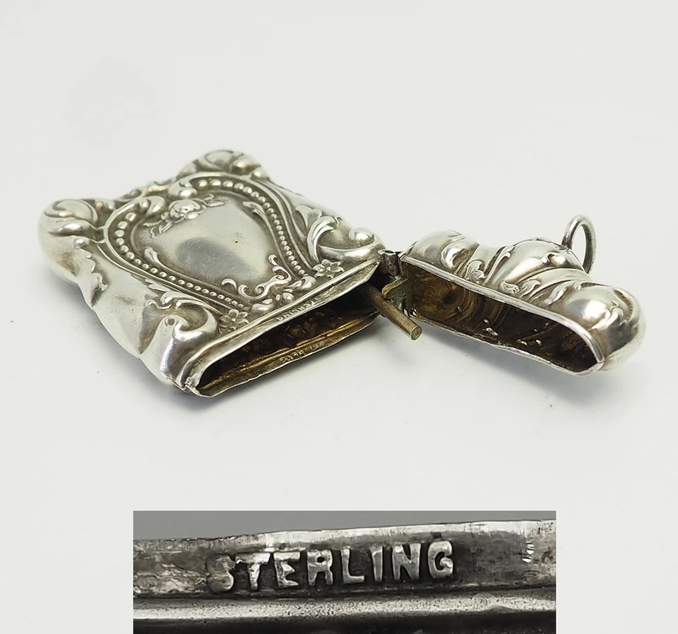 Antiguo Art Nouveau Floral Repousse Plata de Ley Caja de Juego Estuche Vesta  Foto 4 de 4