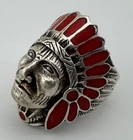 Sterling Silver & Red Enamel Indian Chief Ring Size 10.75 Vintage 13.7g