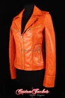 ESCAPE Ladies Collared Real Leather Jacket Orange Washed Biker Designer Jacket