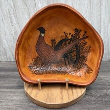 Handcrafted Wood Bowl Pyrography Pheasant Scene Signed Rustic Art Asymmetrical