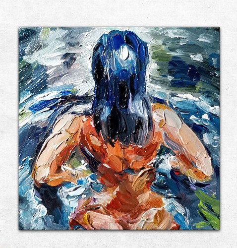 Original Oil Painting Swimming Young Woman Back Portrait wall art 4x4 Inches - Picture 8 of 8