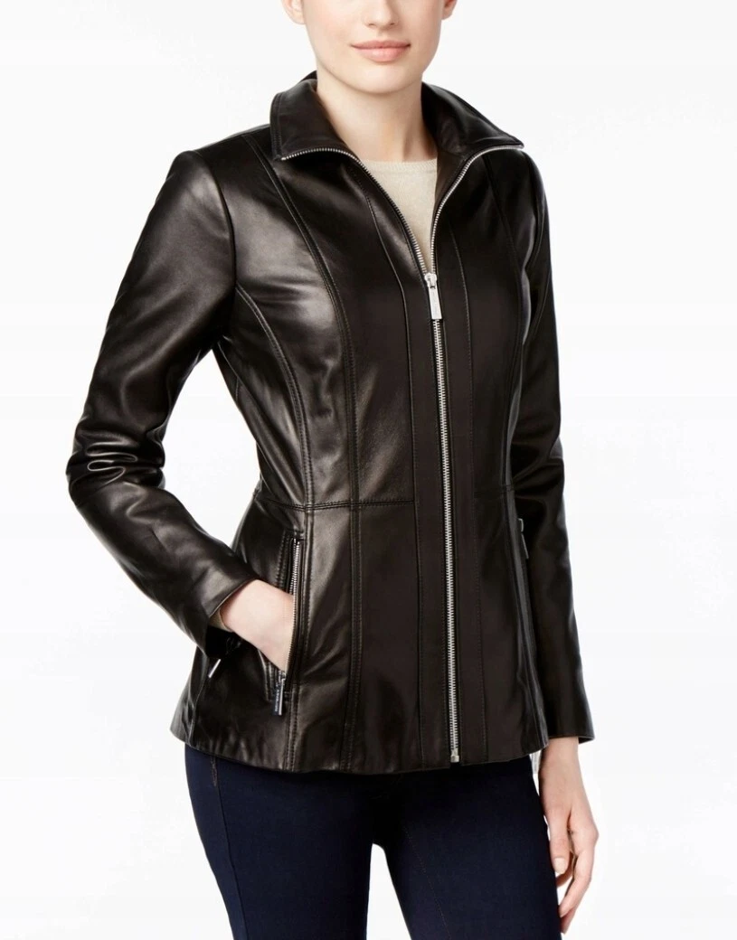 Michael Kors Womens Genuine Black Leather Coat Size Medium