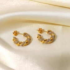 Gorgeous 18k Gold Plated Twisted Hoop Earrings with CZ