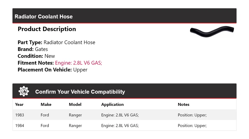 Manguera de refrigerante de radiador de gas V6 de 2,8 L para Ford Ranger 1983-1984 puertas superiores Foto 2 de 4