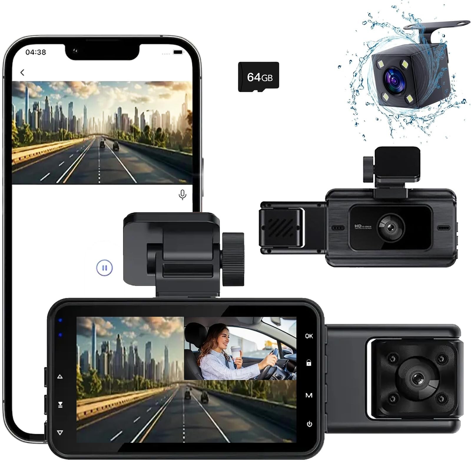 3 Channel Dash Cam Front Rear Inside 1080P Full HD Car Camera-image