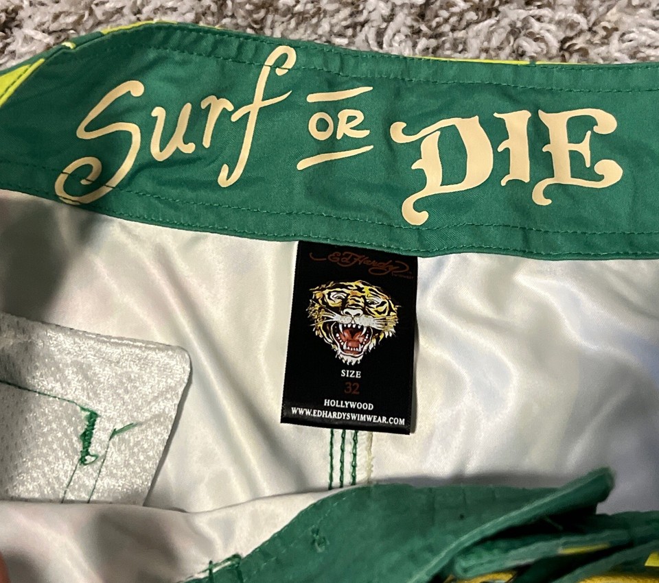 Ed Hardy Mens Size 32 Green Board Shorts Surf or Die, Death or Glory