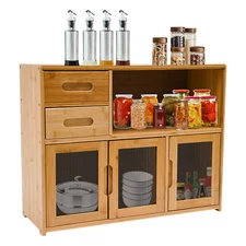 Bamboo Kitchen Countertop Cabinet Pantry Sideboard W/ Clear Striped Glass Doors 