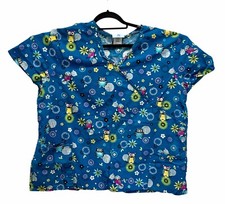 SB Scrubs Top Blue With Owls  Flowers, 2 Pockets Women  s 3XL