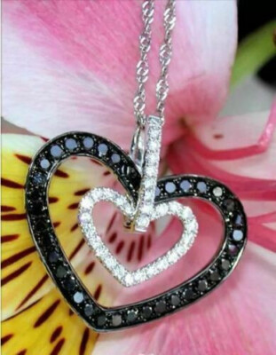 1.50CT Round Cut Black Diamond 3D Heart Pendant Valentine 14K White Gold Over
