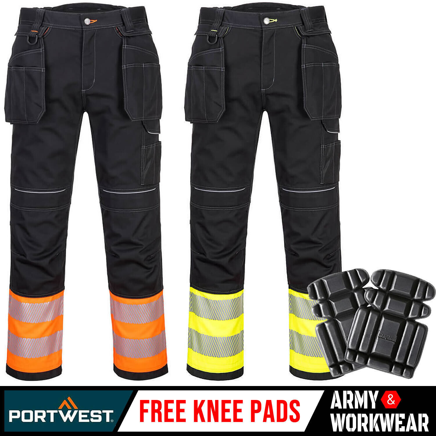 Portwest Hi-Viz Cargo Pants with Knee Pads & Elastic Waist