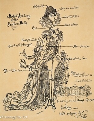 Beautiful Vintage Drawing After Ronald Searle Anatomy of the Southern Belle