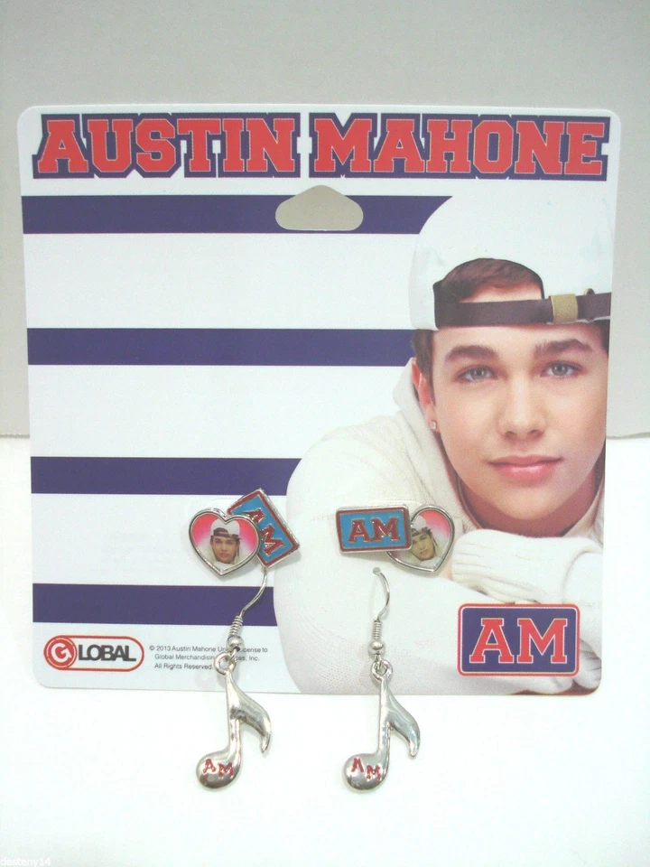 Austin Mahone Stud & Drop Earrings Set of 3 Heart Shaped Rectangle Music Note AM - Image 2 of 4