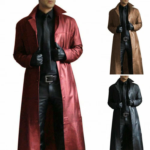 Men's Winter Warm Faux Leather Trenchcoat Lacquer Optic Coat Long Jacket Outwear - Picture 5 of 12
