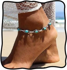 Boho Turquoise Anklet Silver Vintage Ankle Summer Beach Adjustable Foot Jewelry