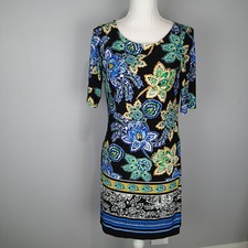 Eliza J Upscale sz 8 White black Blue Print green Dress floral stretch short sle