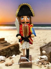 15” Pirate Christmas Nutcracker Figurine Parrot, Peg Leg, Treasure Chest Base