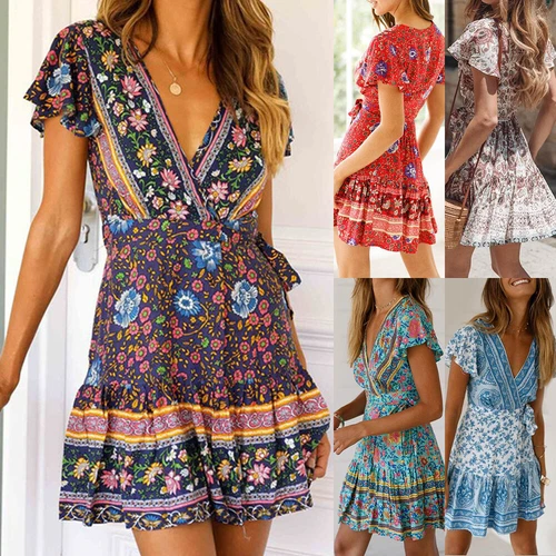 Womens Boho V-Neck Floral Mini Dress Ladies Summer Short Sleeve Beach Sundress - Picture 2 of 25