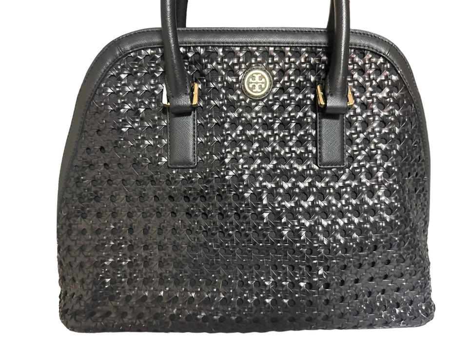 Tory Burch Robinson Reva Woven Black Satchel Bag Purse - Image 2 of 4