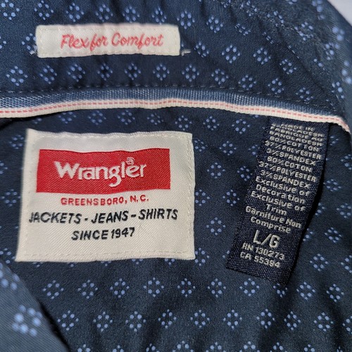Wrangler Mens Long Sleeve Shirt Stretch Flex For Comfort Dark Wash Sz L Navy USA - Picture 9 of 15