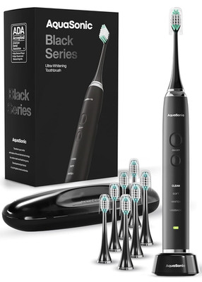 Aquasonic Black Series Electric Toothbrush Ultra Whitening 8 Heads Travel Case
