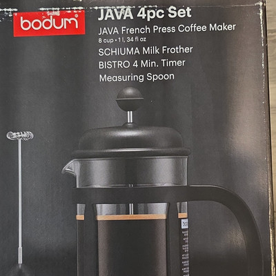 BODUM JAVA 4pc French Press 8 Cup 1.0L Black w/ Frother Timer Spoon K1908