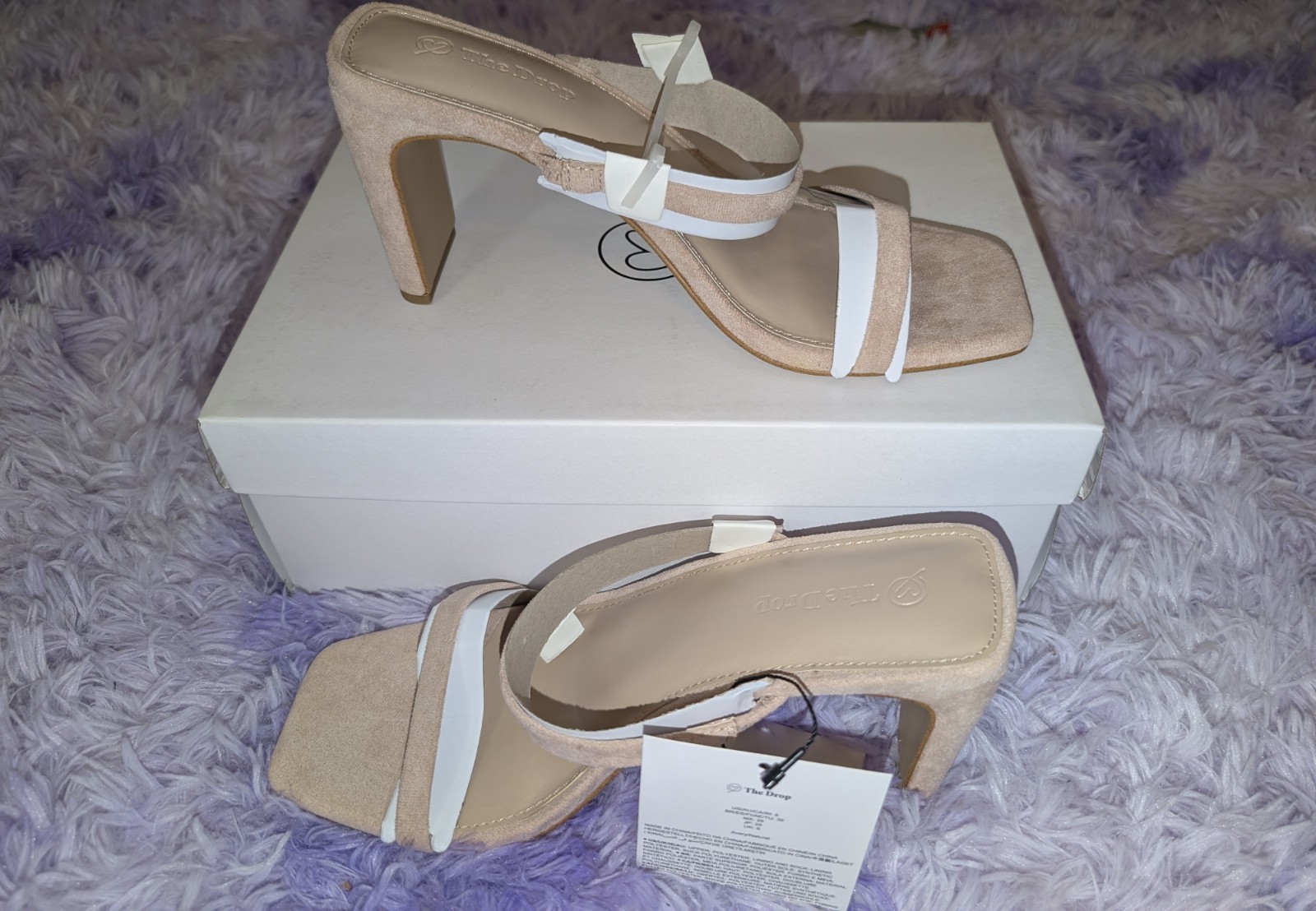 The Drop Women's Avery Square Toe Two Strap High Heeled Sandal, Natural Size 8