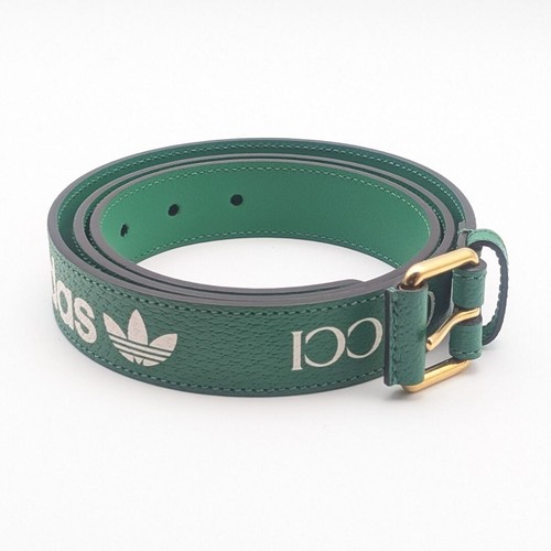 Gucci x Adidas Green Leather Logo Belt Gold Tone 3cm MPN 702277 Authentic