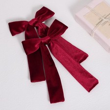 2 PCS Dark Red Velvet Ribbon Hair Bows 5 Inch Soft Long Tail Ponytail Clips