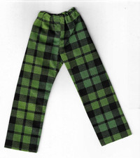 Homemade Doll Clothes-Green and Black Plaid Elastic Waist Pants fits Ken Doll P6