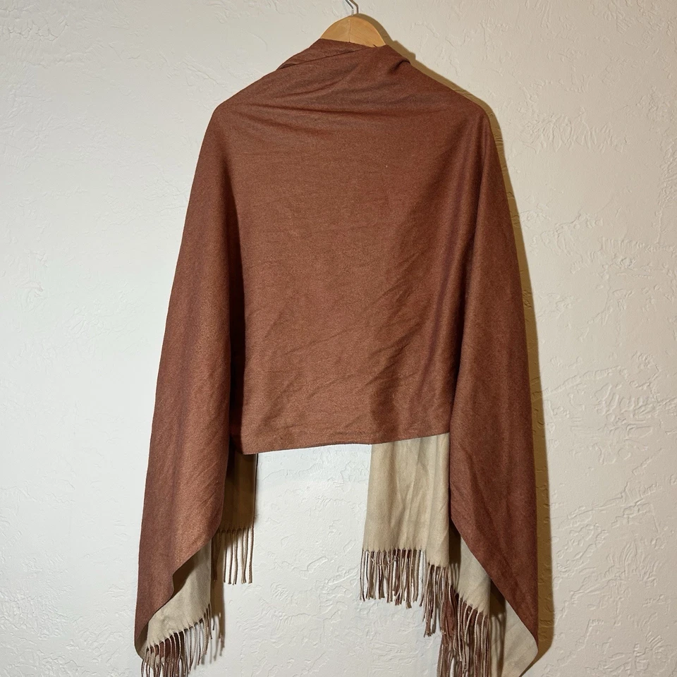 Reversible Fringe Ruana Wrap Shawl Cinnamon Brown Beige Two Tone Poncho Cape - Image 2 of 4