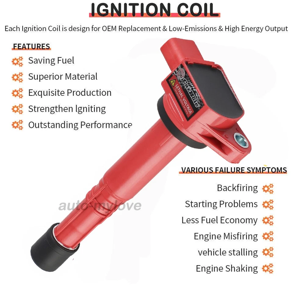 Paquete de 4 bobinas de bujías de alto rendimiento para Honda Accord CR-V Element 2,4 L l4 Foto 4 de 4