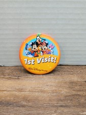 Walt Disney World 1st Visit Pin Back Button Disneyland 3" With Mickey An Friends