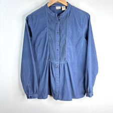 Top LL Bean Pintuck velluto a coste prateria S blu bottoni bavaglino manica lunga cottage vintage