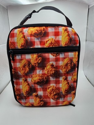  Insulated Lunch Tote Bag Fried Realistic Chicken Themed Picnic Checkered NEW 