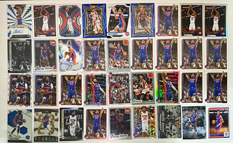 Pistons 63-card team lot; 47 rookie cards; insert, refractors, SPs, Auto; Amen T