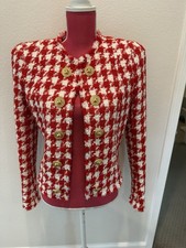 BALMAIN RED WHITE TWEED FRINGE JACKET COAT BLAZER SIZE 36 RARE GOLD HW