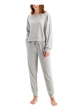 JENNI Womens Gray Elastic Band Long Sleeve Top Cuffed Pants Pajamas L