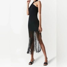 ALICE + OLIVIA Women's Steph Twist-Neck Midi Fringe Dress Black Size 10 NWT