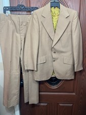 Mens VTG 70s Beige 2 PC Leisure Suit 1970s Polyester Disco Khaki Tan