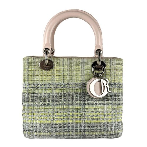 Dior Lady Dior Bag Medium Green Silver Tweed Leather Shoulder 2Way Authentic