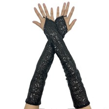 Long Sequins Fingerless Gloves Sparkly Elbow Length Arm Sleeves for A/Black