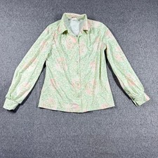 Vintage Nikki 70s Pink Green Botanical Print Polyester Button Up Blouse Size 10