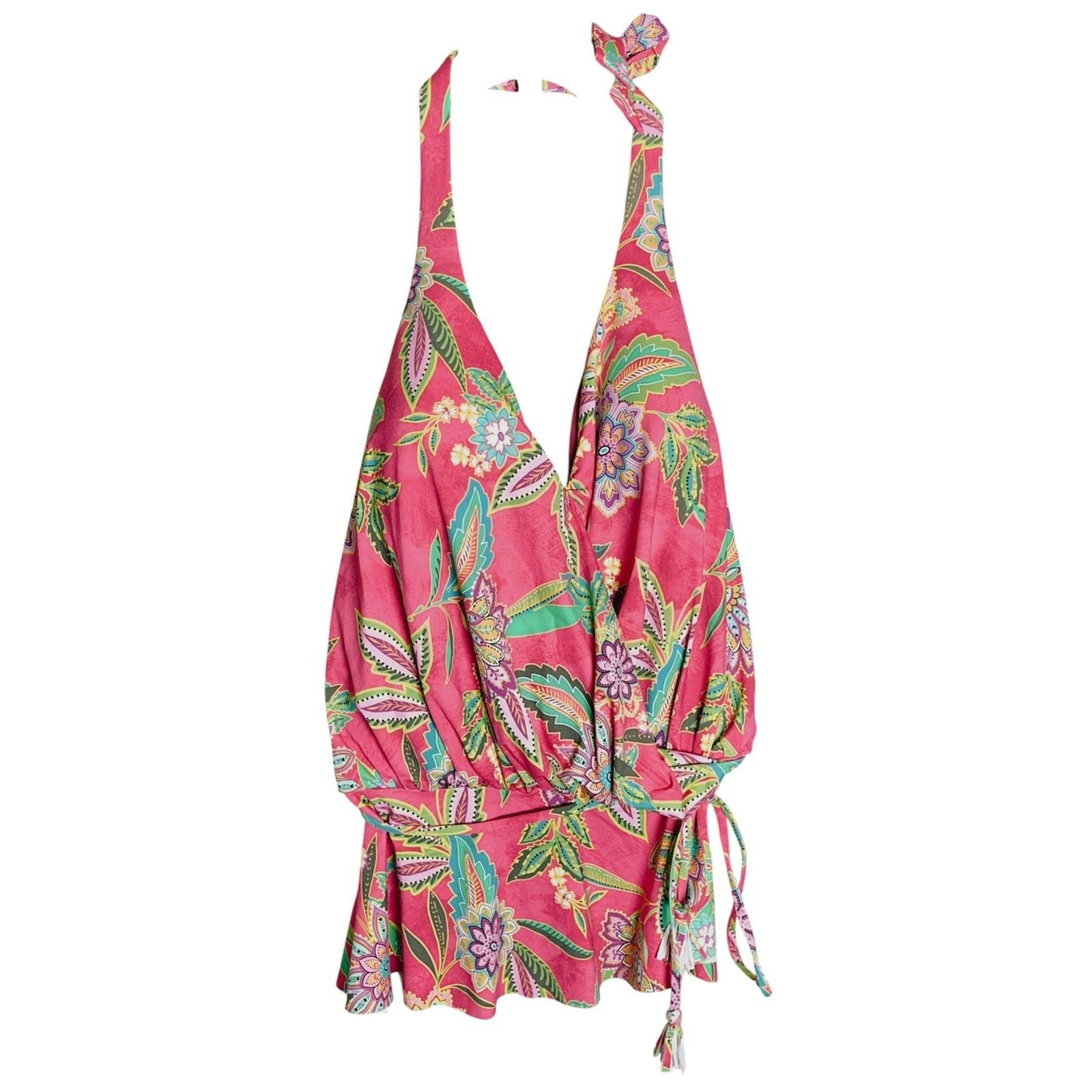 Johnny Was California Halter Wrap Tankini Top Pink Floral Paisley Women's M