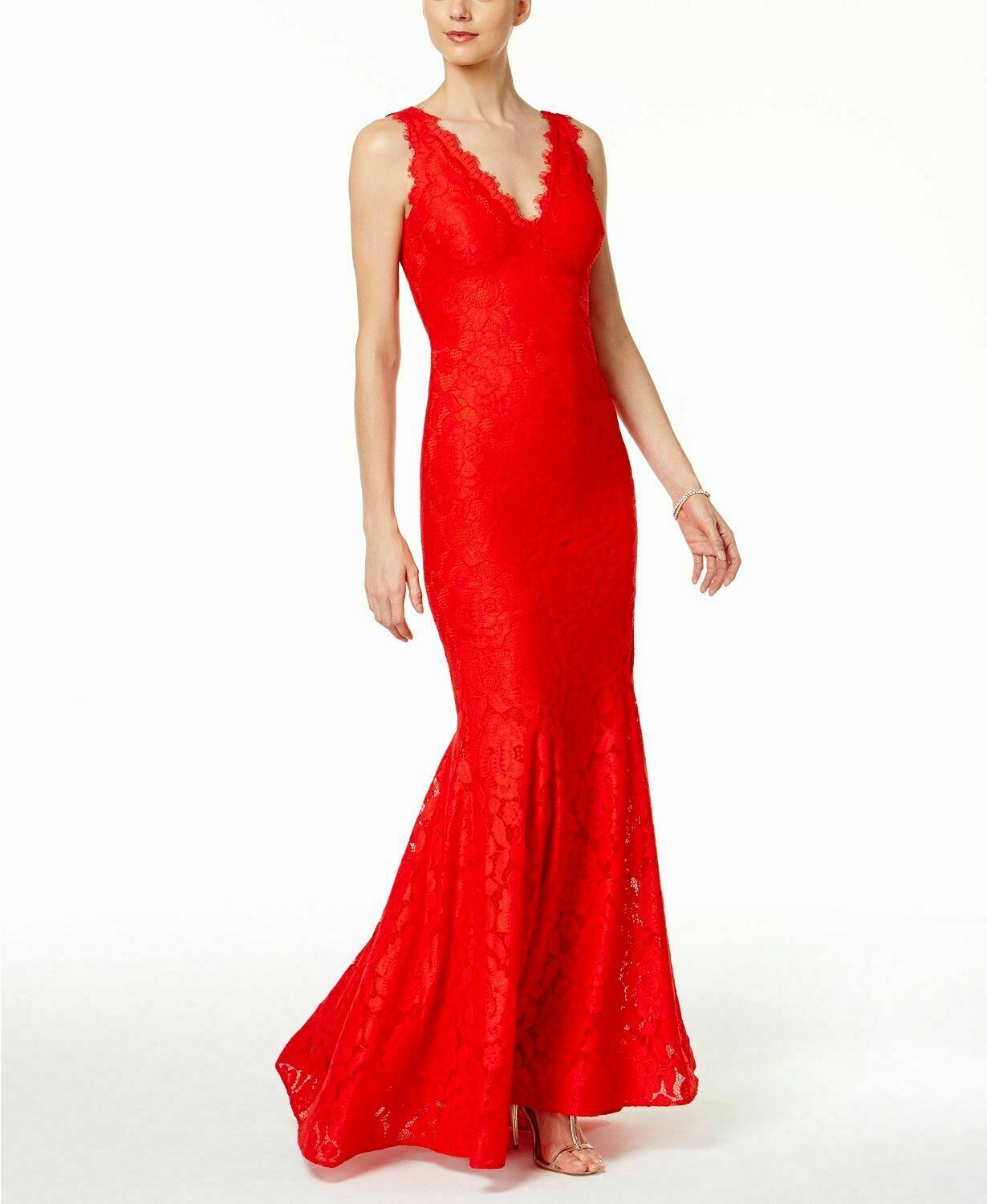 betsy & adam embellished lace mermaid gown