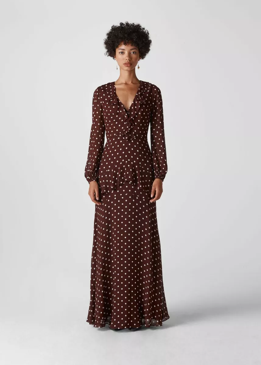 Whistles Desiree Spot Frill Maxi Dress 8 M Burgundy Long Slv Polka
